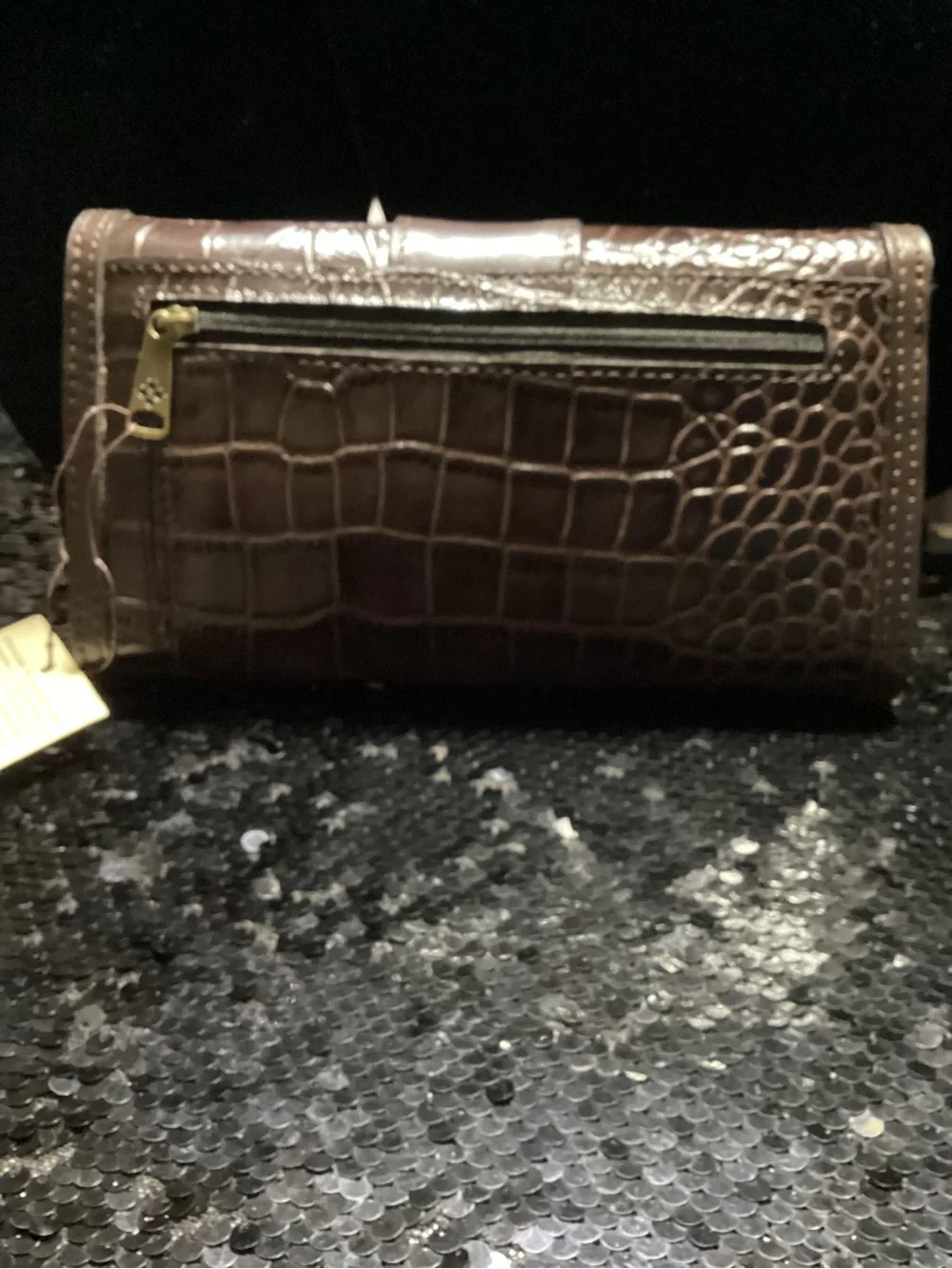 Patricia Nash Brown Croc-Embossed Leather Clutch with Turn-Lock Closure
